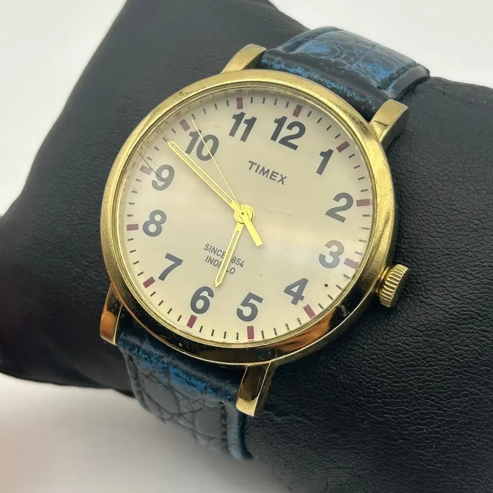 Timex Men's Gold Case Watch with Blue Leather Strap and White Dial